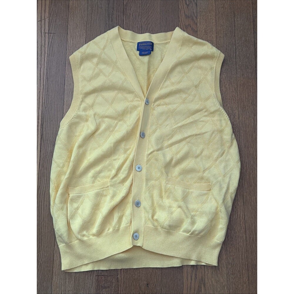 Pendleton Cardigan Vest Sweater Men's XL Yellow Knit Argyle Diamond Cotton